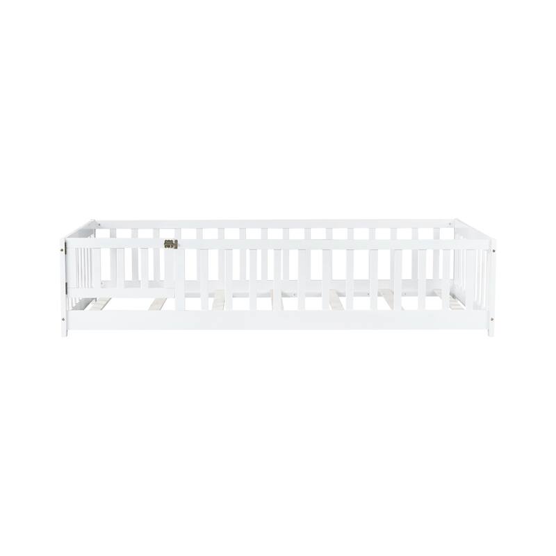 Twin Size Floor Bed with Fence and Door,Rubber Wood Floor Bed with Safety