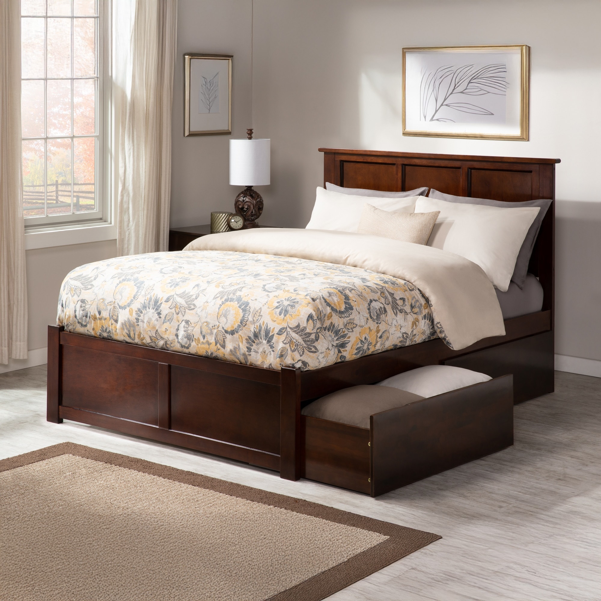 Madison King Solid Wood Platform Bed with Footboard & 2 Storage Drawers in Walnut