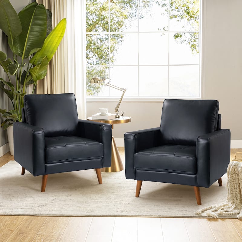 Elizabeth Mid-century Genuine Leather Arm Chair Set of 2 by HULALA HOME - Navy