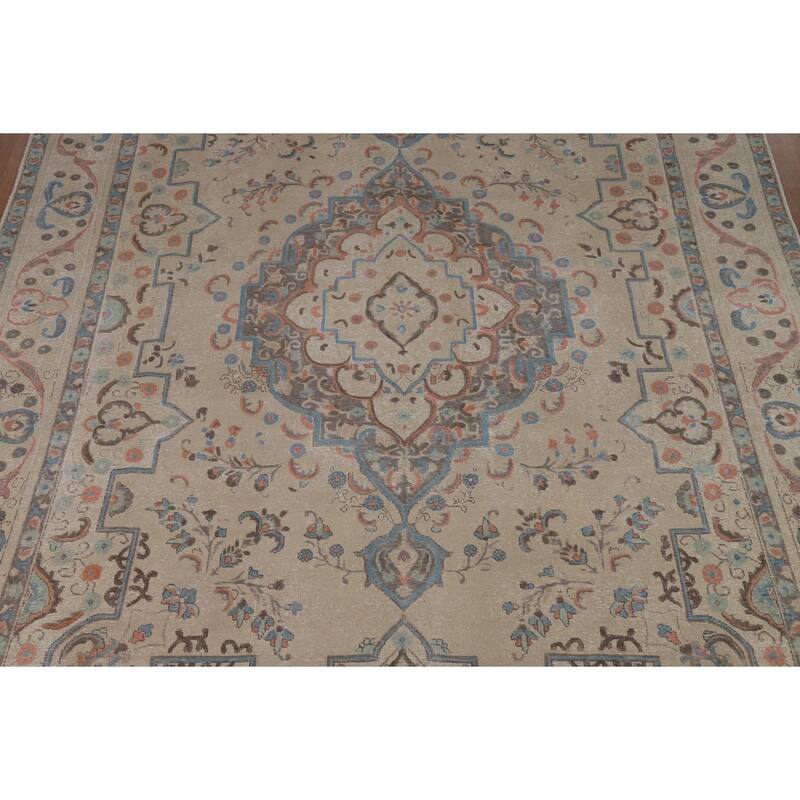 Geometric Beige Tabriz Persian Area Rug Hand-Knotted Wool Carpet - 9'8"x 13'4"