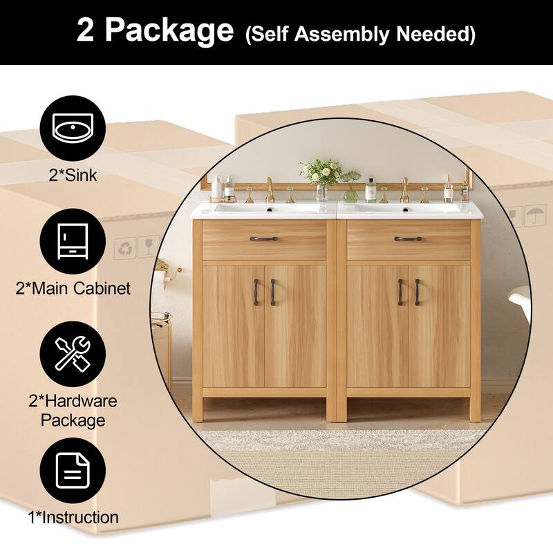 GDFStudio - Barro Transitional Freestanding Bathroom Vanity Cabinet with Ceramic Sink, Dual-Layer Rack & Soft Close Storages