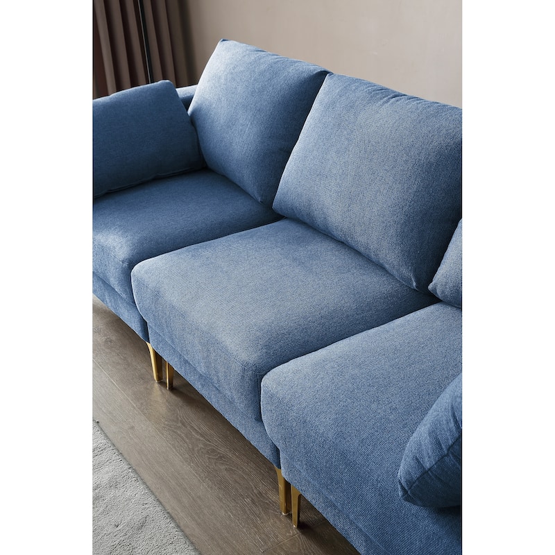 92'' Fabric L-Shape 3-Seater Sofa with Ottoman, Gold Metal Legs, and Toss Pillows