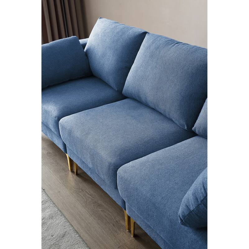 92'' Turquoise L-Shaped 3-Seater Sofa with Ottoman, 2 Pillows, Gold Metal Legs, and Polyester Fabric