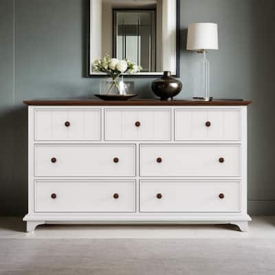 7 Drawer Dresser, Wooden Captain Dresser for Bedroom,Dresser Organizer Chest of Drawers for Nursery,Baby(White+Walnut)