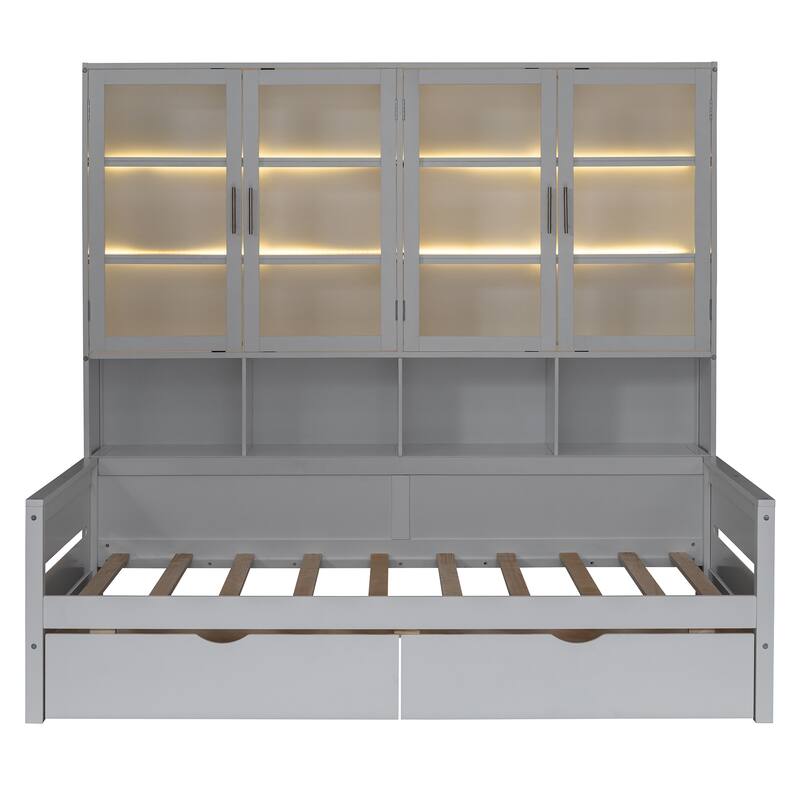 Twin Size Wooden Daybed with Glass-Door Storage Cabinets, Built-in LED Lighting and Shelves Bedrooms Compact Daybed