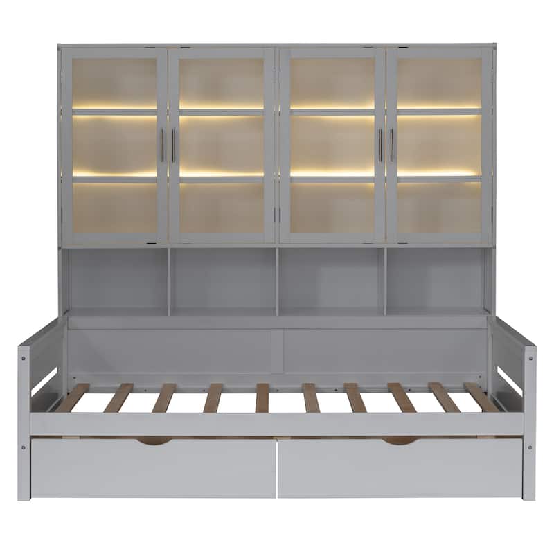 Twin Versatile Daybed with Glass-Door Storage Cabinets & Shelves, Space-Saving Wooden Platform Bed Frame w/Built in LED Lighting