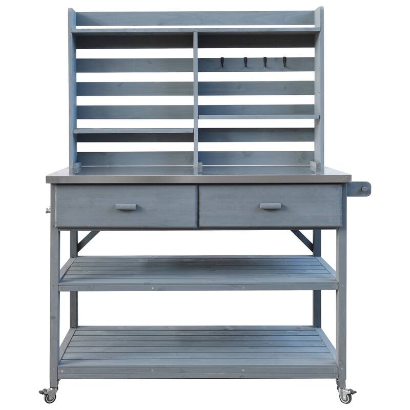 64.9"H Outdoor Potting Table with Lockable Wheels,Solid Wood Kitchen Island with Upper Hutch,Stainless Steel Top,Towel Rack