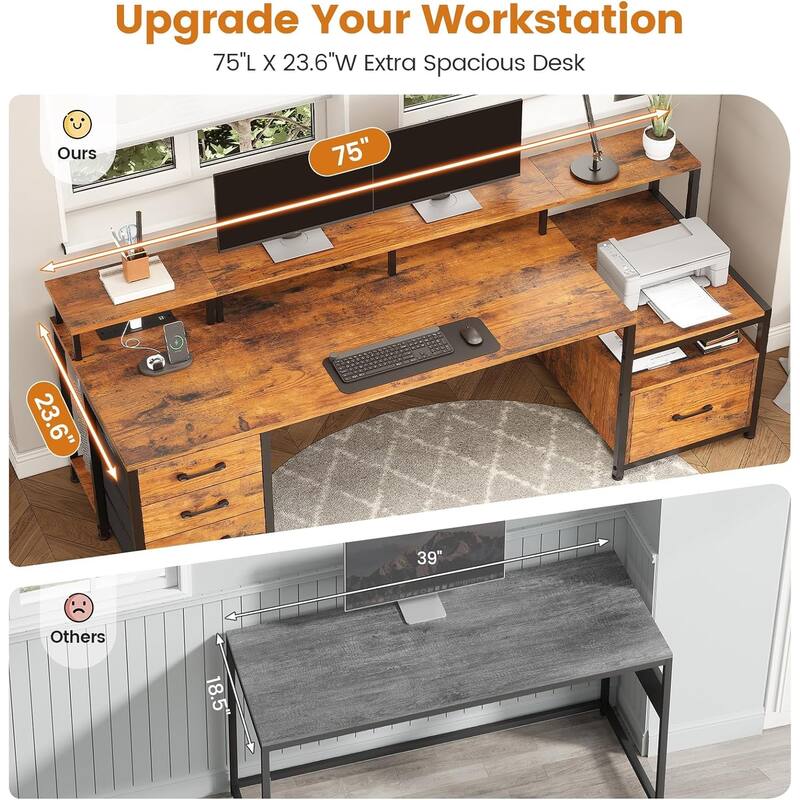 Home Computer Desk File Drawer & Power Outlet 5 Drawer Monitor Shelf