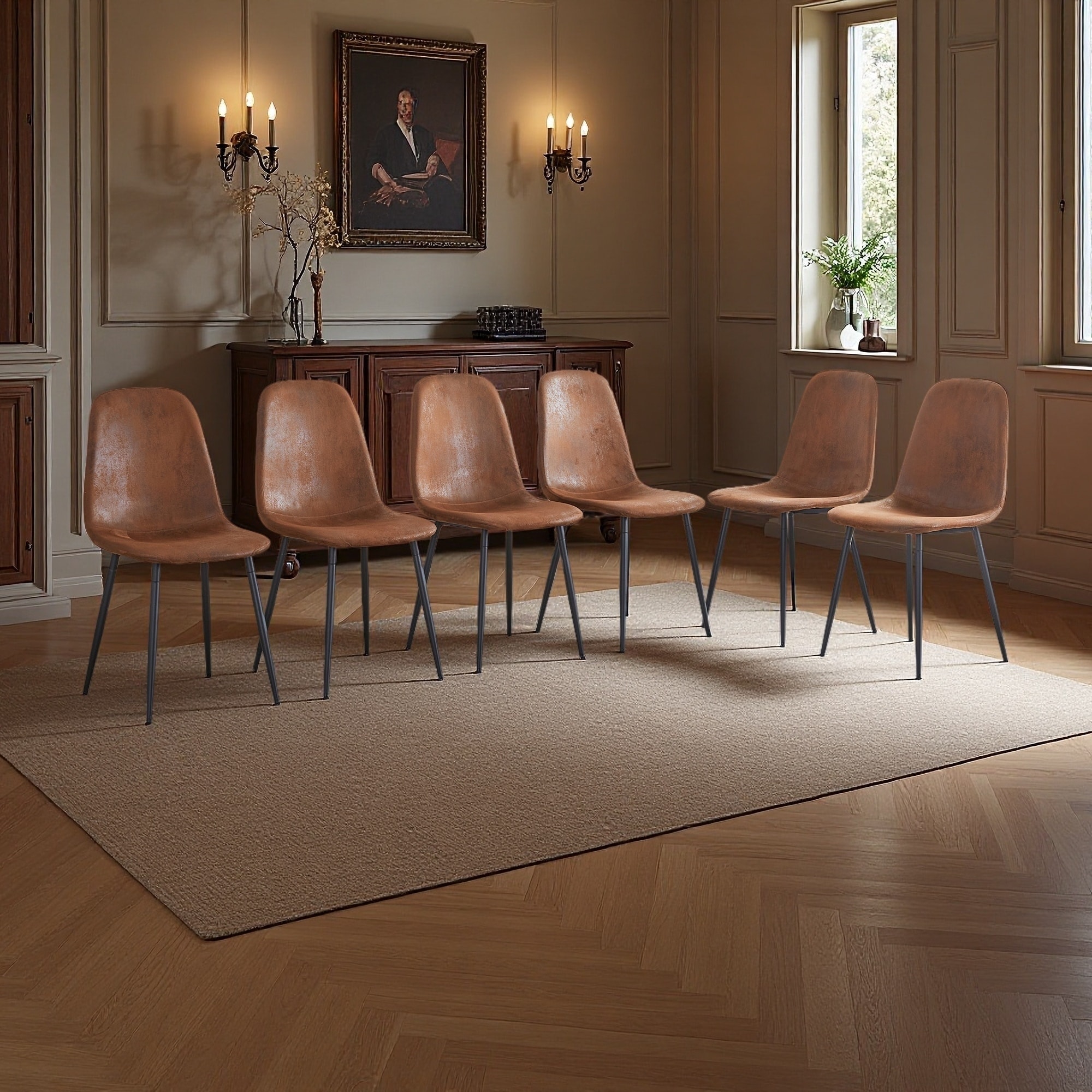 34.5"H Set of 6 PU Leather Spoon-Shaped Dining Chairs with Upholstered Seat & Metal Legs