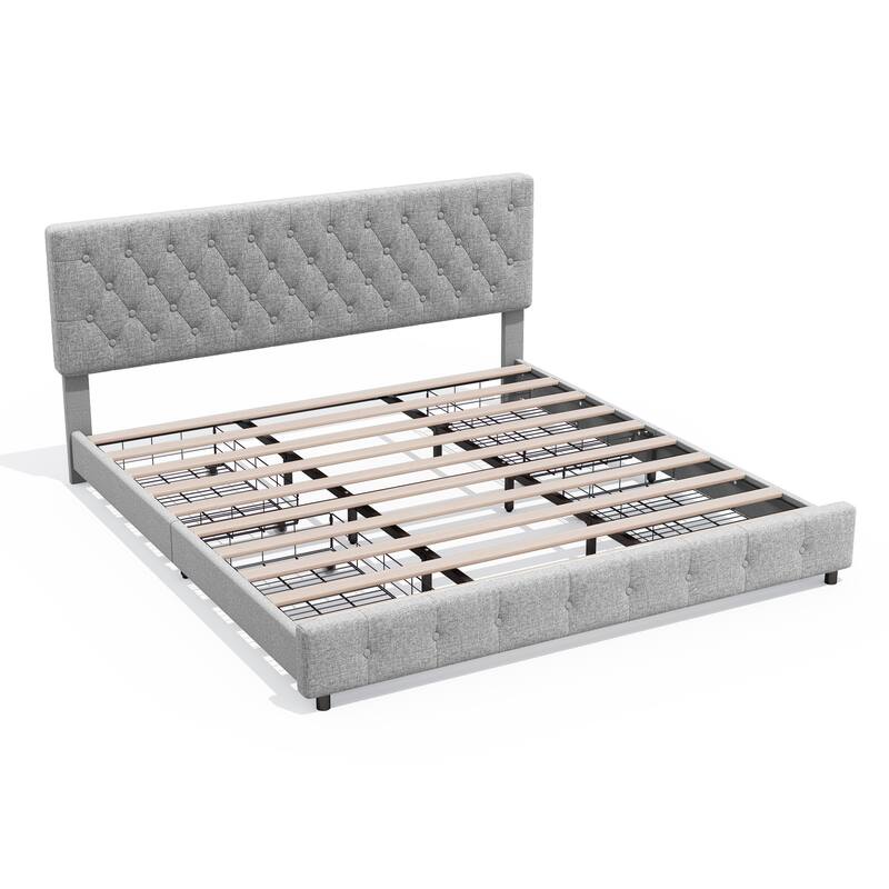 Linen Upholstered Headboard Bed Frame with Large Hidden Storage, 4 Underbed Drawers with Pulleys - White - King