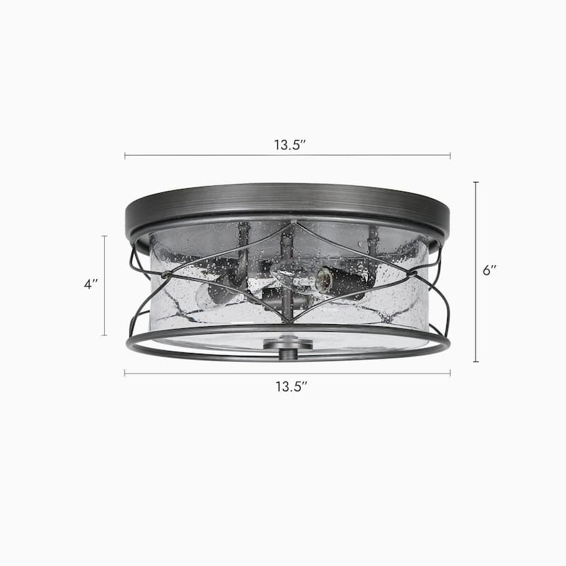 Modern 3-Light Black Silver Drum Flush Mount Light Seeded Glass Ceiling Lights for Foyer - D 13.5" x H 6"
