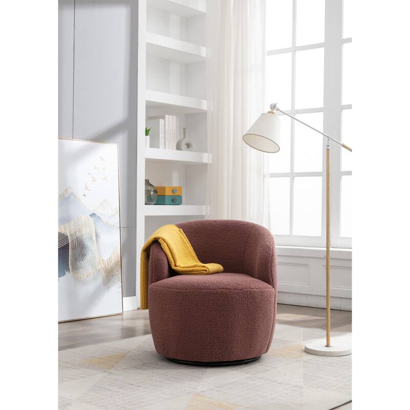 Teddy Fabric Swivel Barrel Chair, Round Upholstered Sofa Chair, Reading Leisure Chair with Curved Backrest & Metal Base