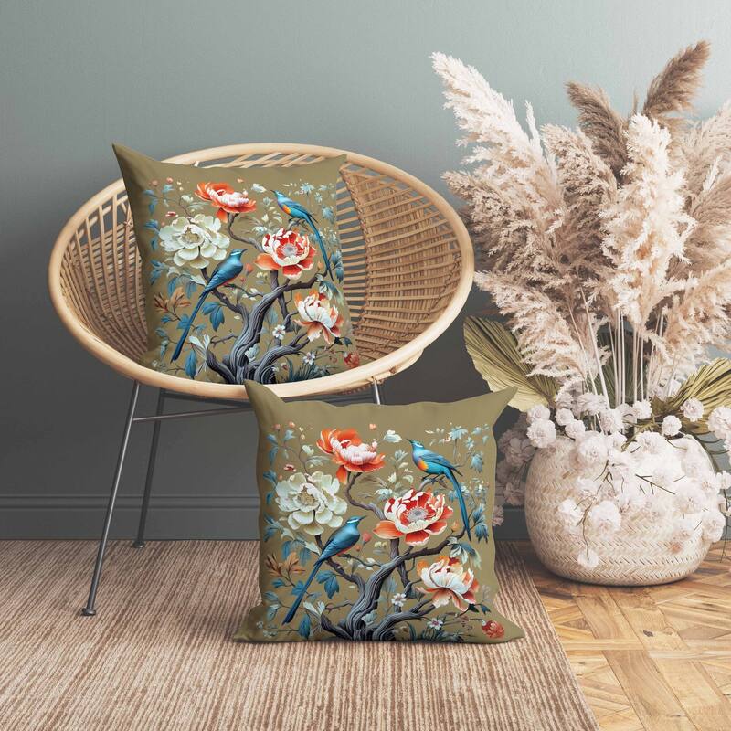 Botanical Bird Ensemble Indoor/Outdoor Reversible Throw Pillow Blue and Orange