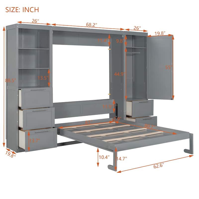 Gray Modern Queen Murphy Bed with Closet and Drawers
