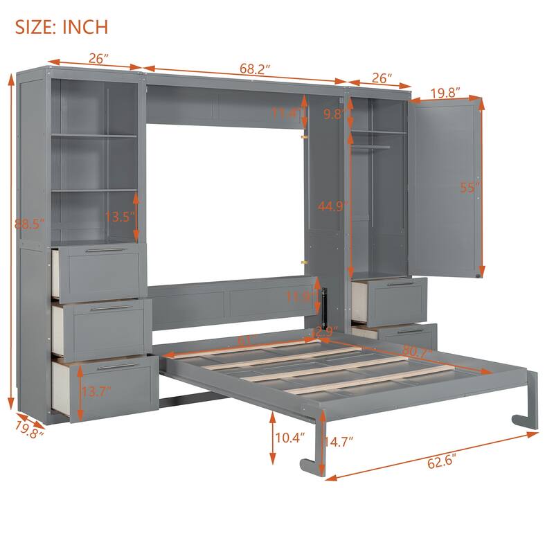 Queen Murphy Bed with Built-In Wardrobe, Drawers, and Adjustable Shelving - Ideal for Small Spaces