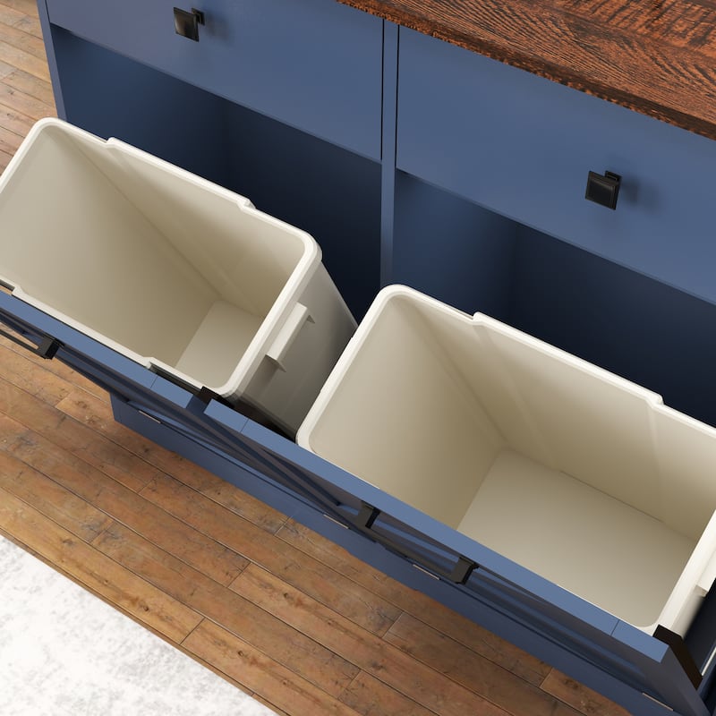 Farmhouse Double Tilt Out Trash Cabinet, Free Standing Recycling Cabinet with Hideaway Drawer, Barn Door Laundry Sorter Cabinet