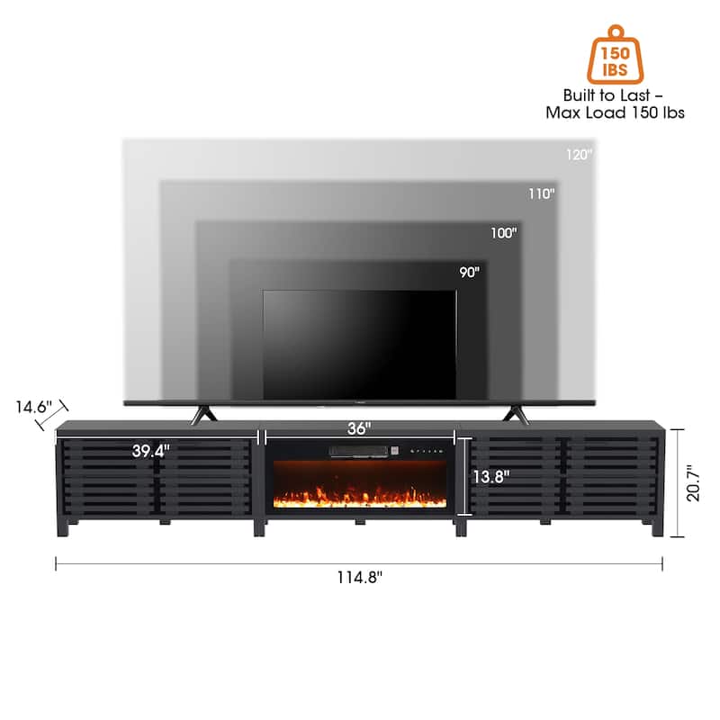 115" Mid-Century Modern Black Electric Fireplace TV Stands for TVs up to 120" with Remote