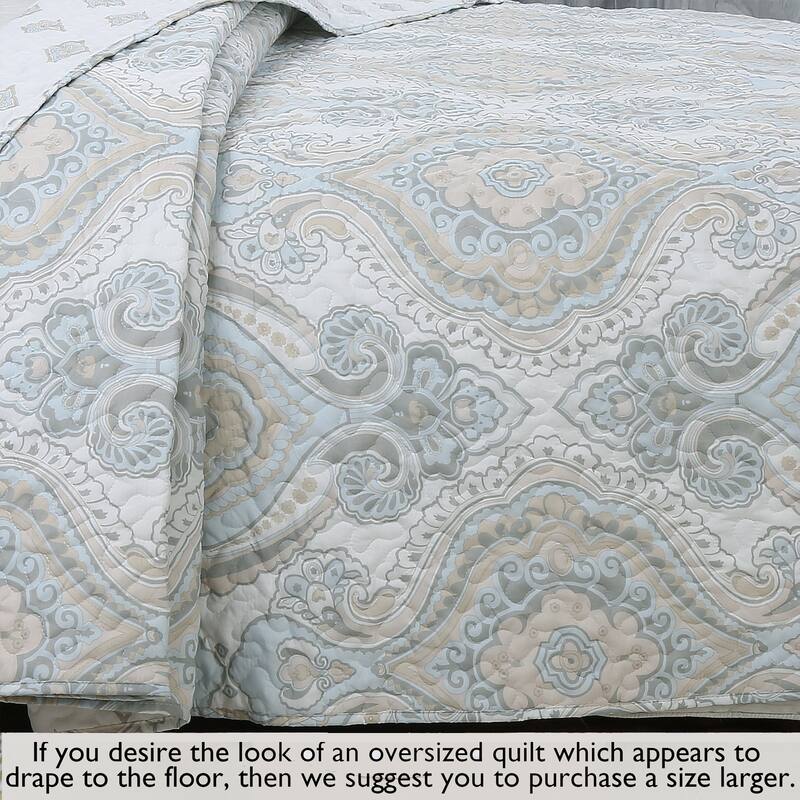Cozy Line Modern Medallion Sky Blue Tan Gray Brocade Polyester Quilt Bedding Set