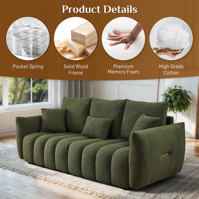 Ouyessir Overstuffed Upholstered Deep Seat Soft Fabric Sofa with 3 Pillows