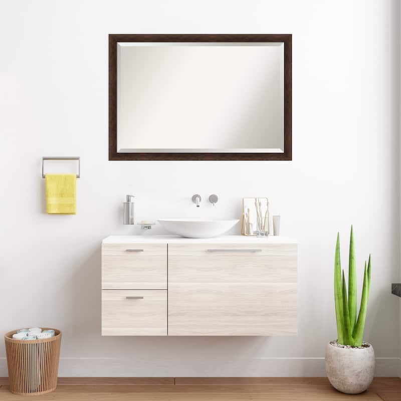 Warm Walnut Narrow Beveled Wood Framed Bathroom Vanity Wall Mirror - Warm Walnut Narrow