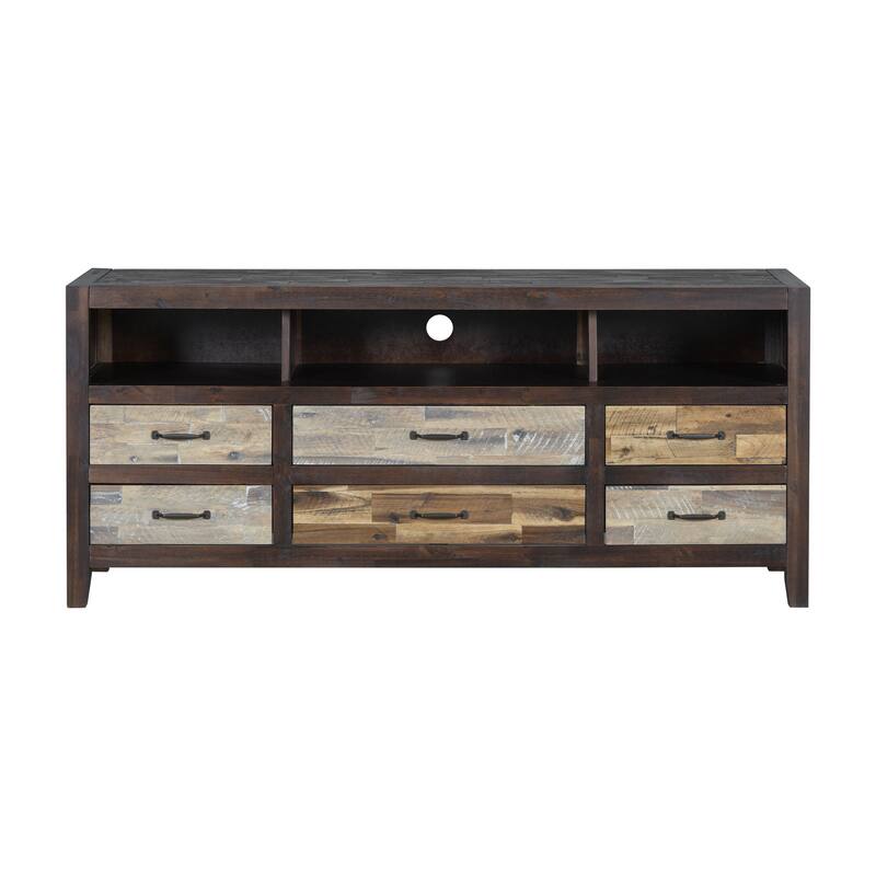 64" Distressed Wood TV Stand, 6 Drawer Storage & 3 Shelves, Cable Management - Farmhouse Style