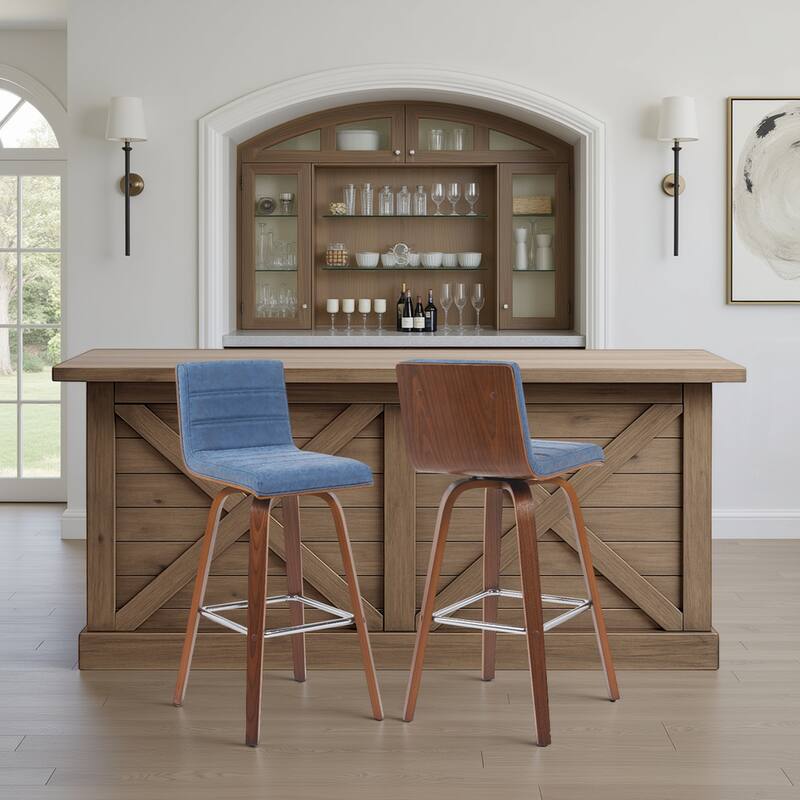 Skara Swivel Bar Stool, Upholstered Bar Height Chair with Bentwood Frame - Vintage Blue Faux Leather & Walnut - Set of 2
