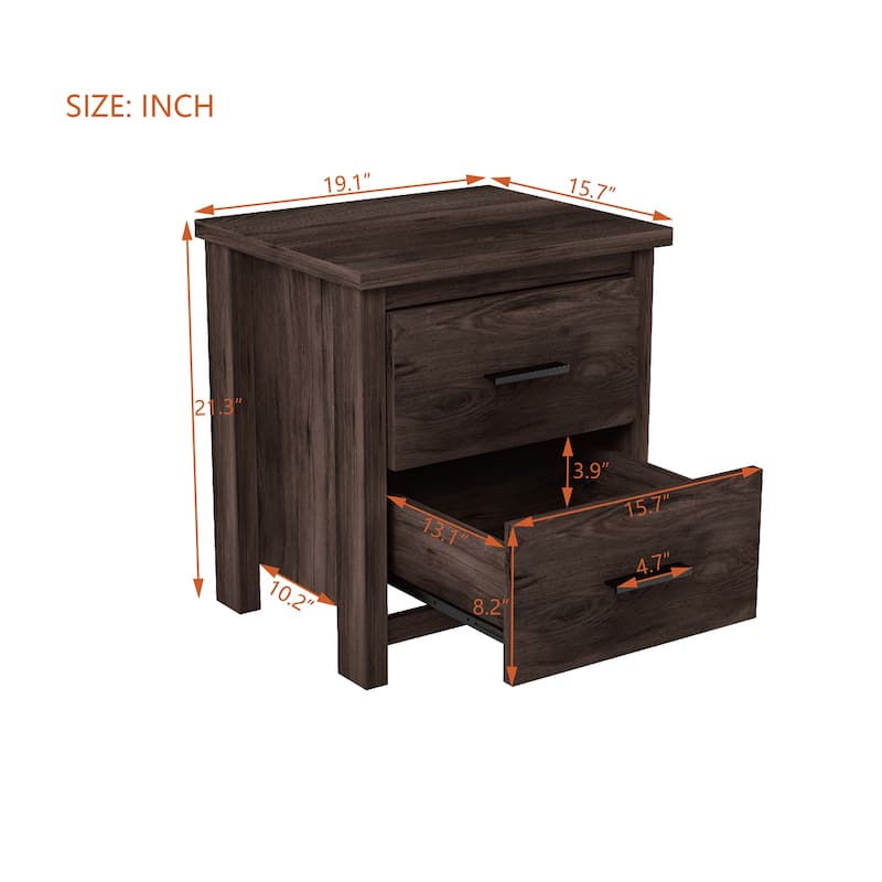 Dark Walnut Vintage Nightstand with Two Spacious Drawers, Simple & Modern Design