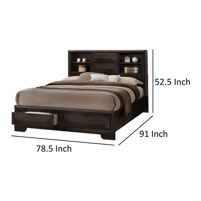 Costa King Size Bed, Bookcase Headboard, 2 Drawers, Dark Brown Solid Wood