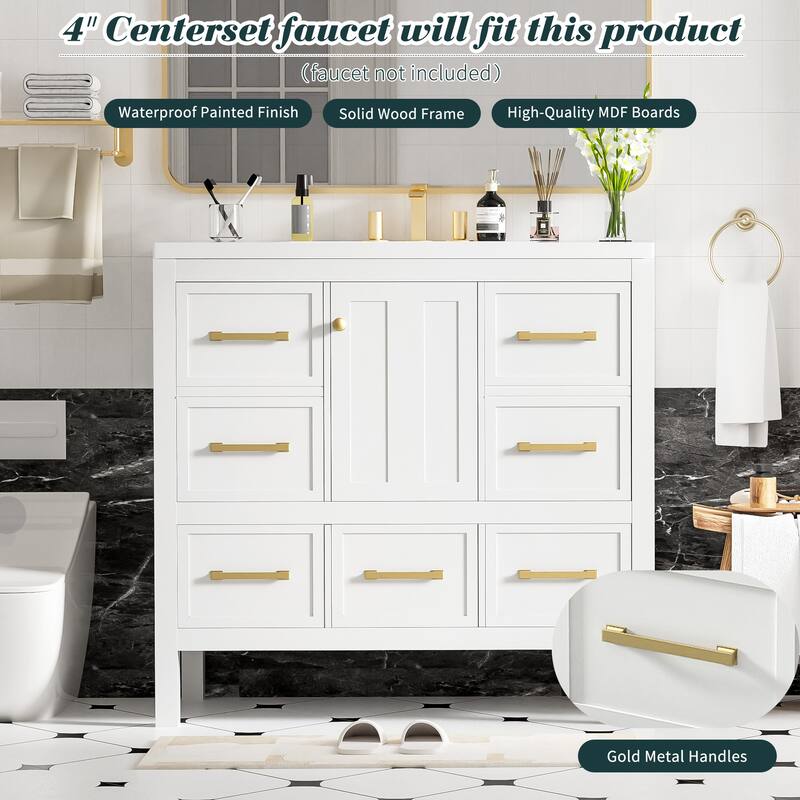 Roomfitters 36" Vanity with Resin Sink, Solid Wood Cabinet with 5 Drawers and Soft Closing Doors, Freestanding Storage Set