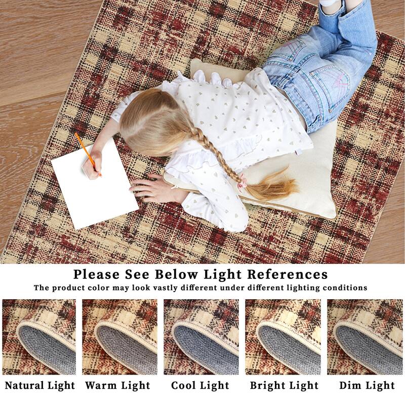 Washable Area Rugs for Living Room Bedroom Modern Plaid Rug Soft Non Slip Low Pile Farmhouse Geometric Rug
