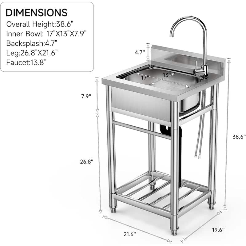 Free Standing Stainless Steel Utility Sink, Commercial Single Bowl Sink Set with Faucet