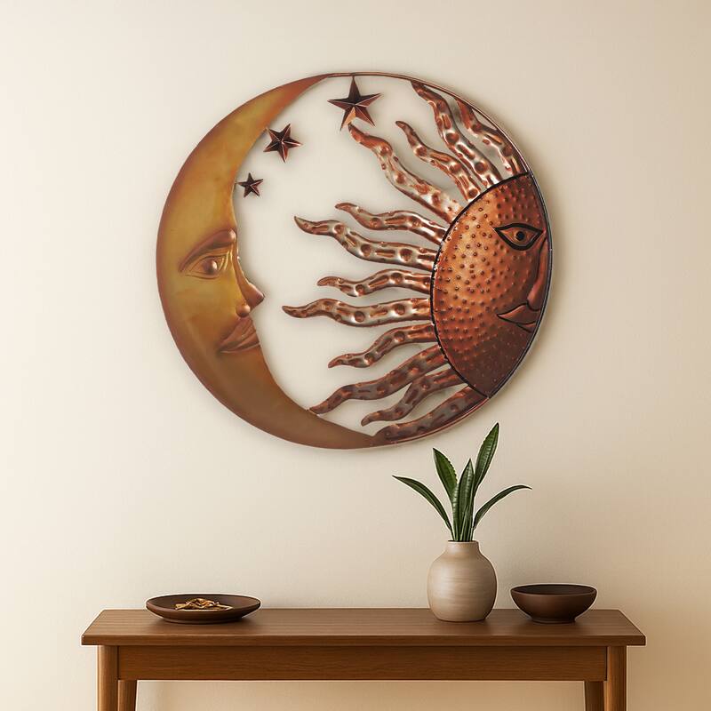 21 Inch Handcrafted Sun and Moon Accent Wall Decor, Round Metal Wall Mount, Rustic Gold, Bronze