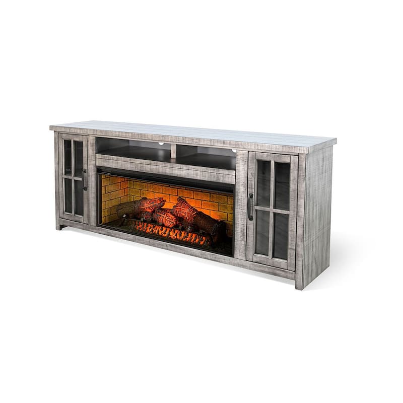 Gery TV Media Console w Log Fireplace, 76 Inch, 2 Cabinets, Gray