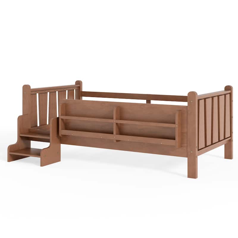 Full/Twin Floor Bed with Storage Bookcases & Cute Stairs - Solid Wood Kids Bed, No Box Spring