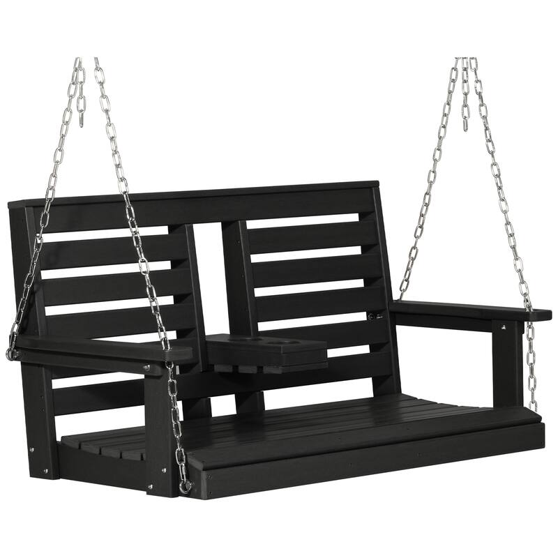 Nashville Poly 54 Inch Porch Swing with Folding Cup Holder - Black