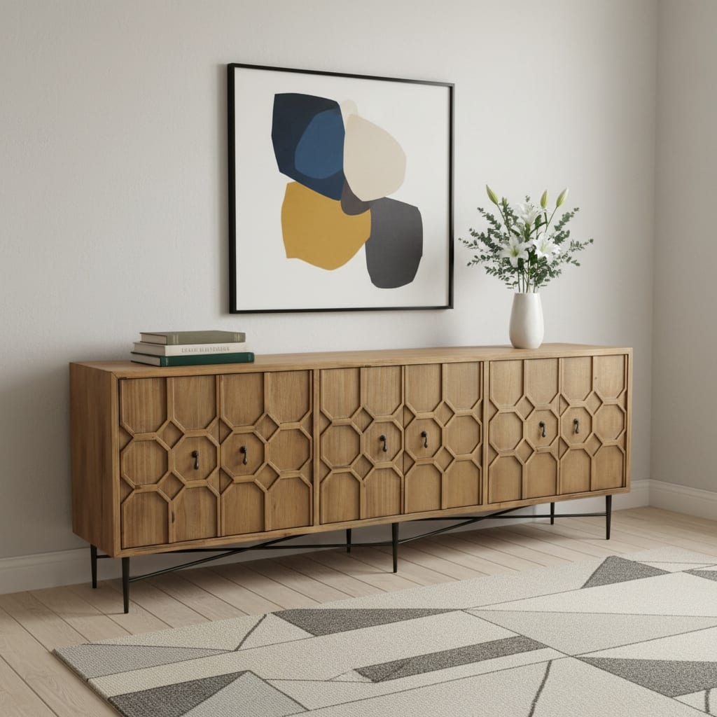 HomeRoots 91" Natural Distressed Solid Wood Carved Geometric Sideboard with Six Doors - 91.00 in. x 32.00 in. x 20.00 in.