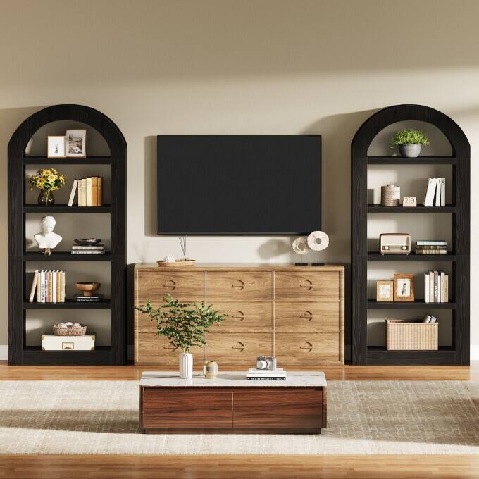 70.9'' Tall Brown Arched Bookshelf with Storage