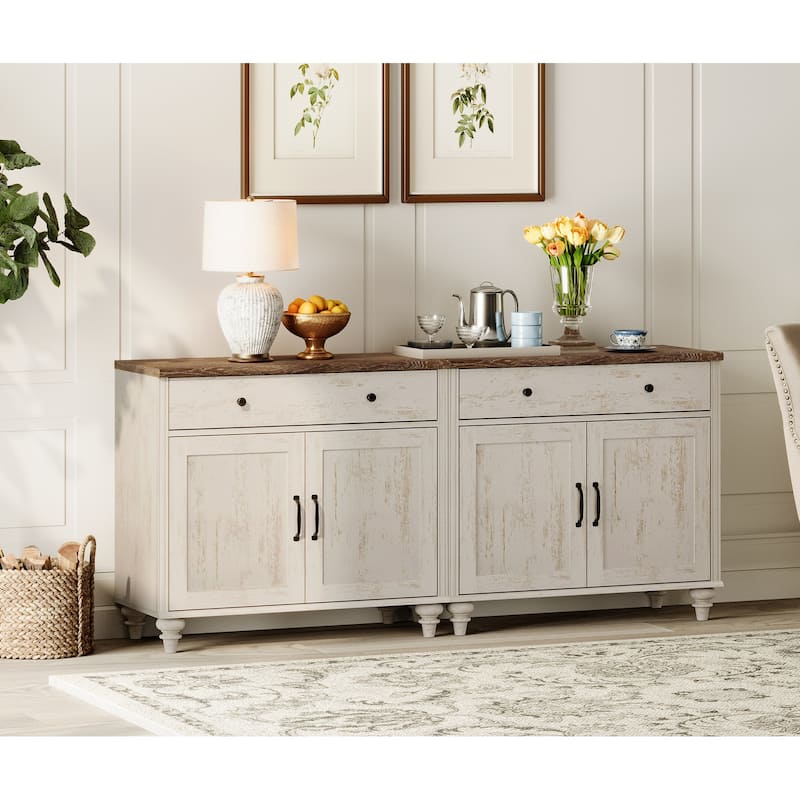 Farmhouse Sideboard, Buffet Cabinet with Storage Cabinets - 68Inch - Rustic White