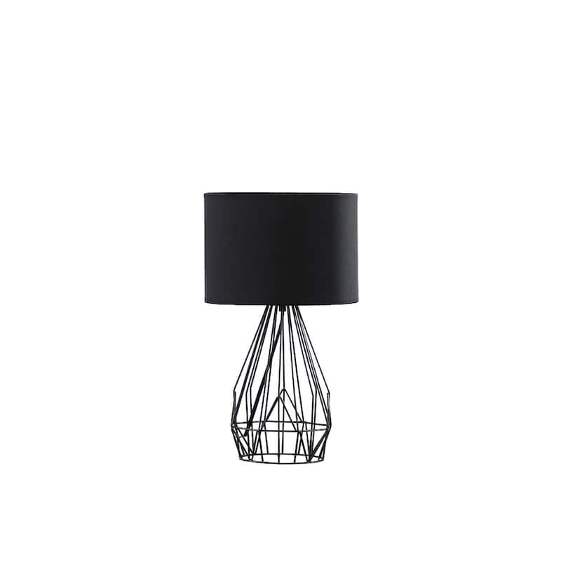 Black Metal Cage Table Lamp with Fabric Drum Shade and Copper Lining - 9.75” x 9.75” x 17.5” (D x W x H) - Black