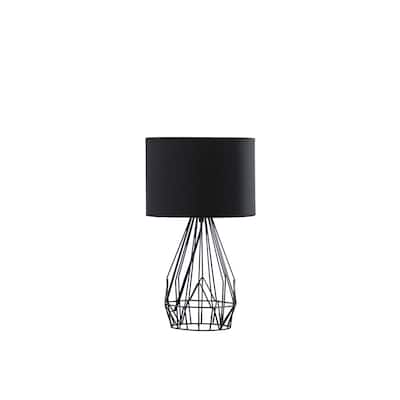 Black Metal Cage Table Lamp with Fabric Drum Shade and Copper Lining - 9.75” x 9.75” x 17.5” (D x W x H)