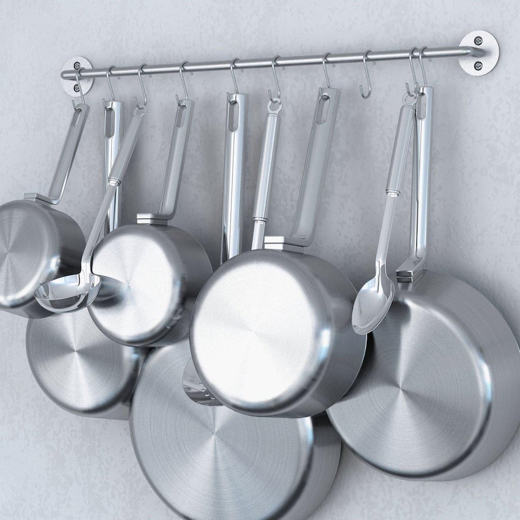 Wallniture Cucina Steel 24'' Wall Mounted Kitchen Rail with 10 Hooks, Silver