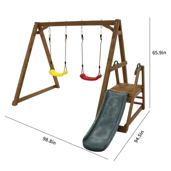 2 in 1 Natural Outdoor Wood Swing Set for Backyard with Slide