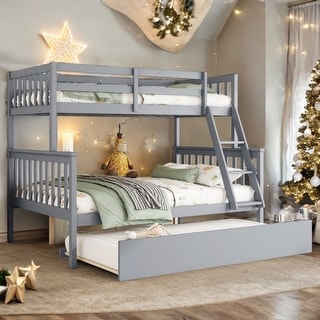 Grey Twin Over Full Bunk Beds with Trundle, Convertible Ladder and Guardrail