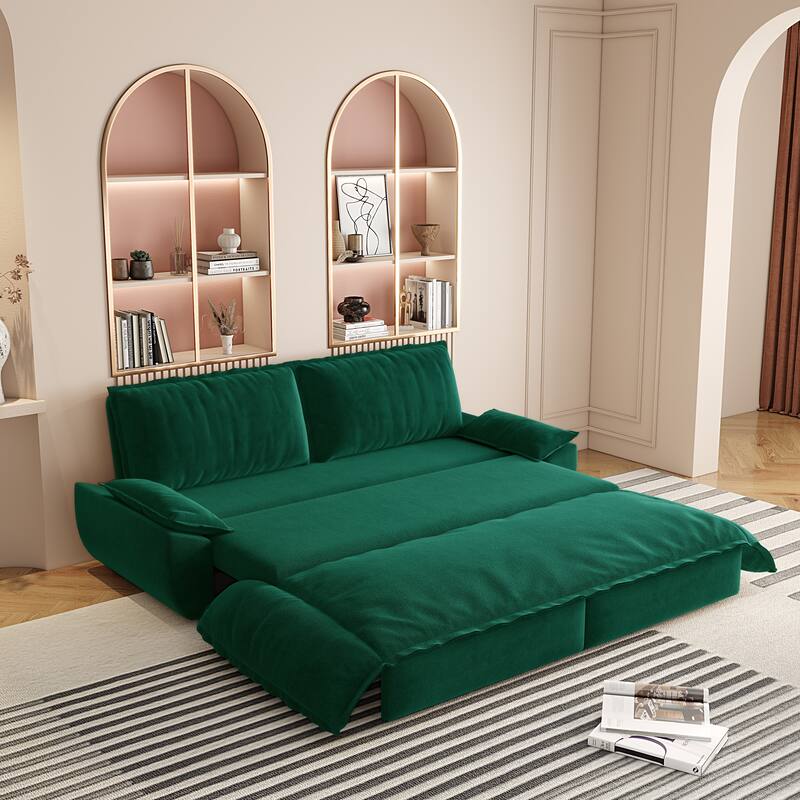 73" Queen 3-in-1 Convertible Sofa Bed - Multi-Functional Velvet Loveseat with Pull Out Mechanism - Green