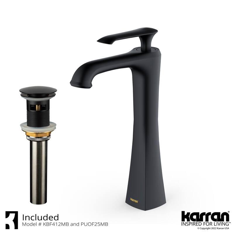 Karran Woodburn Single Hole Single Handle Vessel Bathroom Faucet with Matching Pop-Up Drain - Matte Black