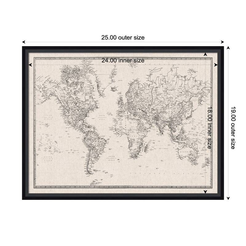 Kate and Laurel Framed Fabric Pinboard Vintage Black and White Linen World Map Wall Organization