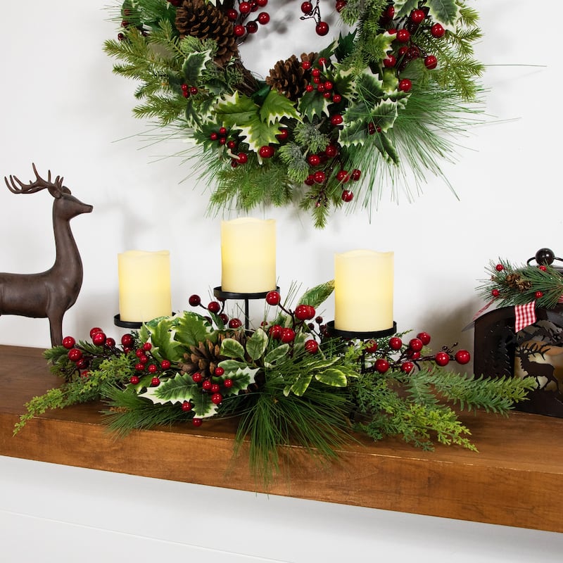 Holly and Berries Christmas Pillar Candle Holder with Pine Cones - 28"