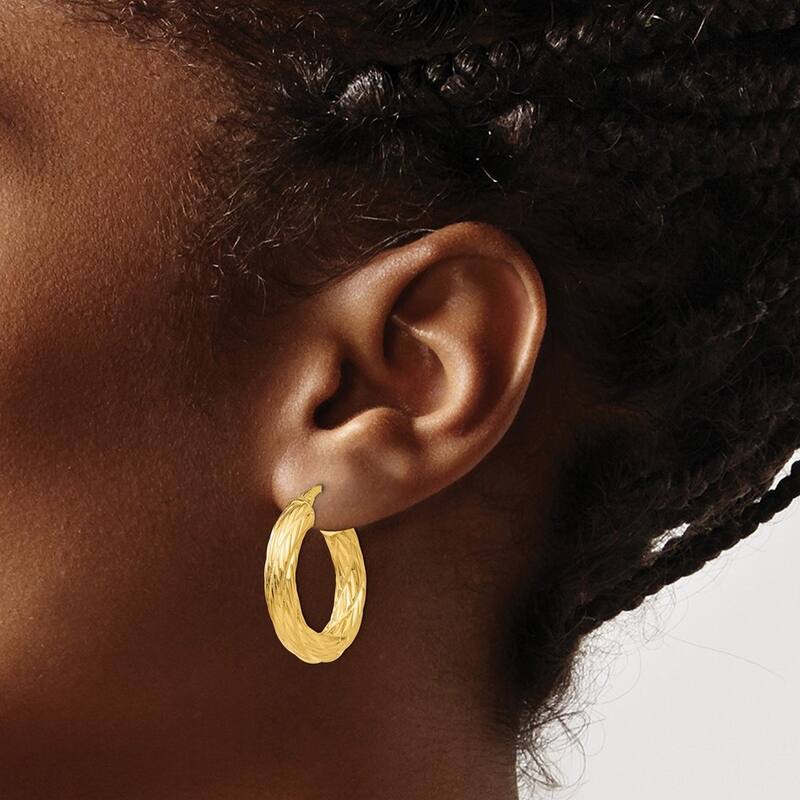 Curata 14k Yellow Gold Hollow Polished Hinged Post Textured Tube Hoop Earrings - 28x28mm