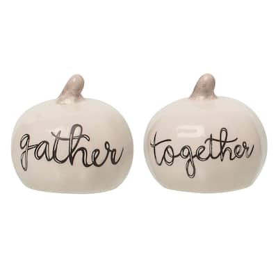 Transpac Dolomite 2.5 in. White Harvest Gather Together Pumpkin Salt and Pepper Shaker Set of 2