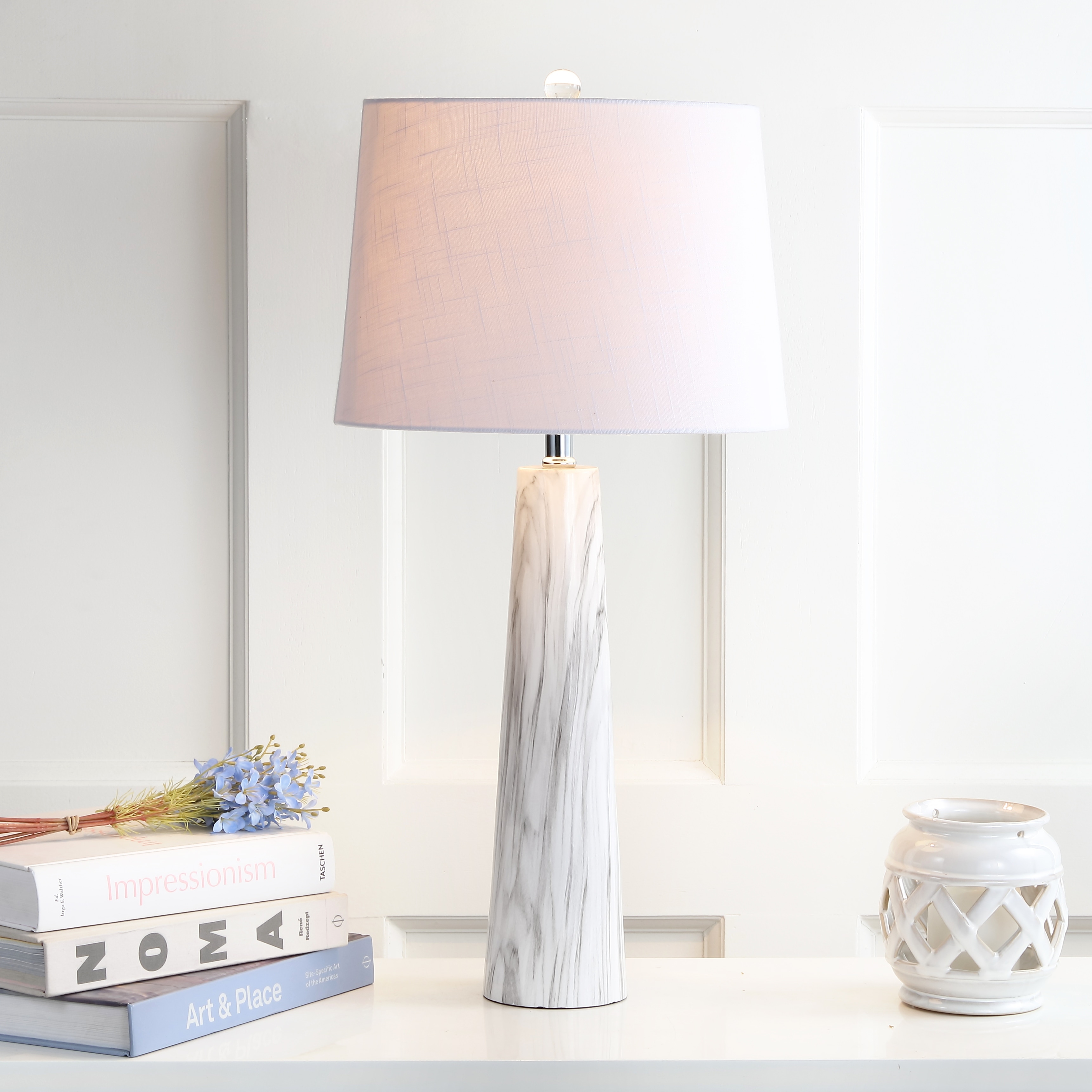 JONATHAN Y Belle 29" Resin LED Table Lamp, White/Black Faux Marble